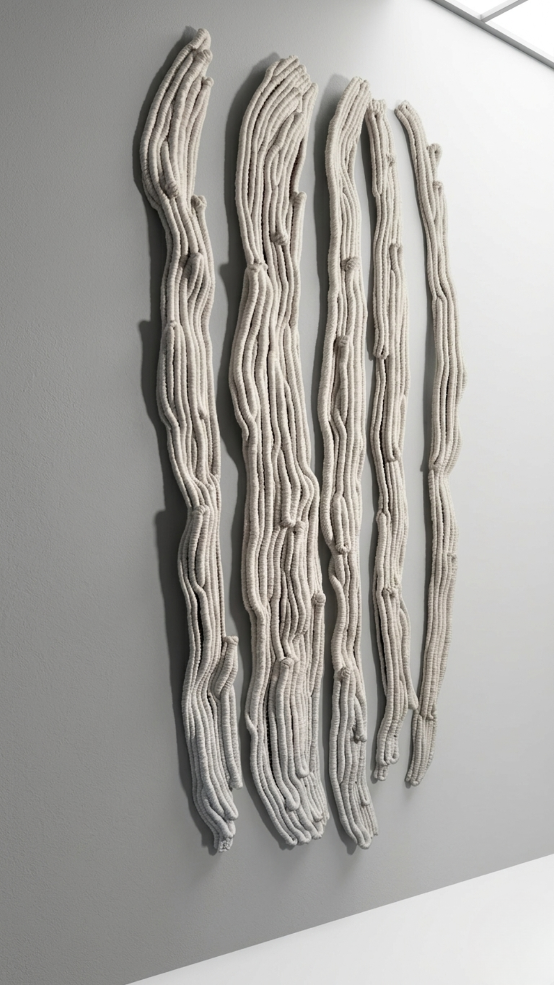 Abstract textile wall hanging with elongated hand-knotted cotton strands