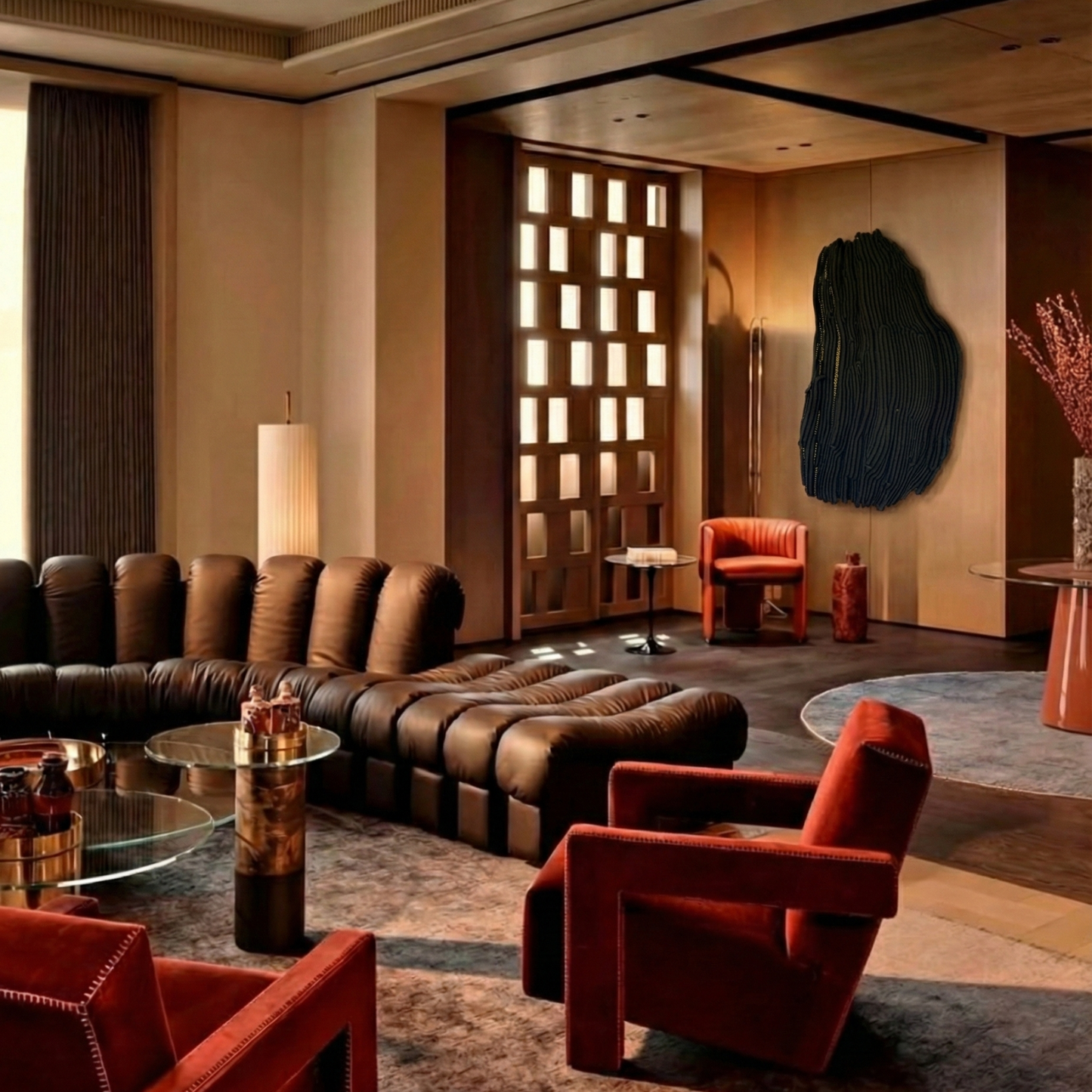 Black sculptural fibre wall art in a luxury lounge interior