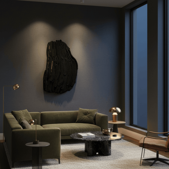 Black statement fibre wall art in a dark modern living room