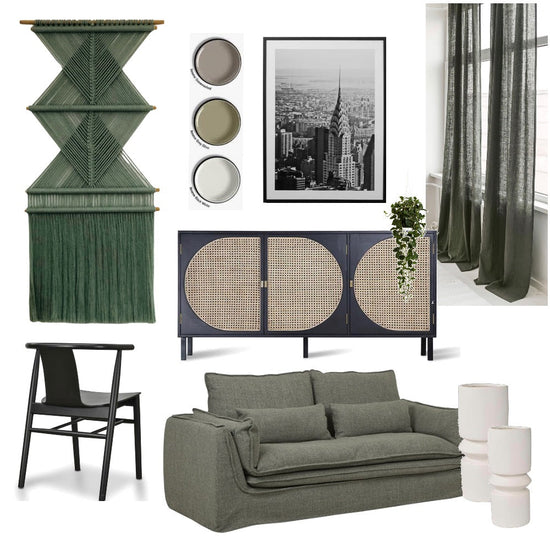 living room moodboard featuring contemporary fibre art, green