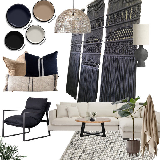 modern organic style mood board featuring macrame wall art