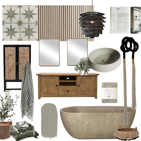 bathroom mood board  featuring contemporary  macrame wall art