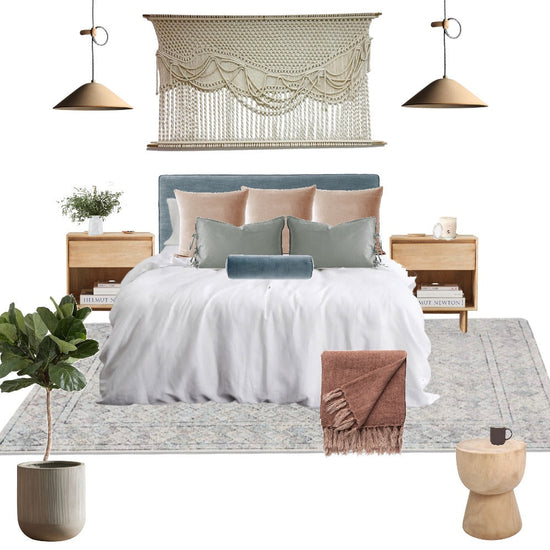 bedroom moodboard featuring contemporary macrame wall art