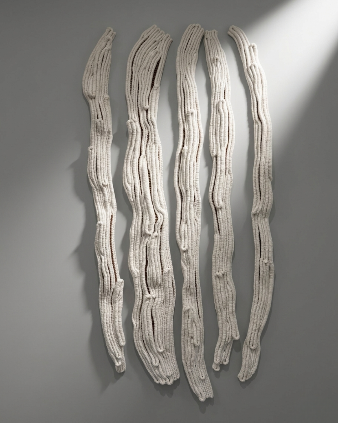 Large hand-knotted textile wall art in cotton rope with vertical sculptural forms