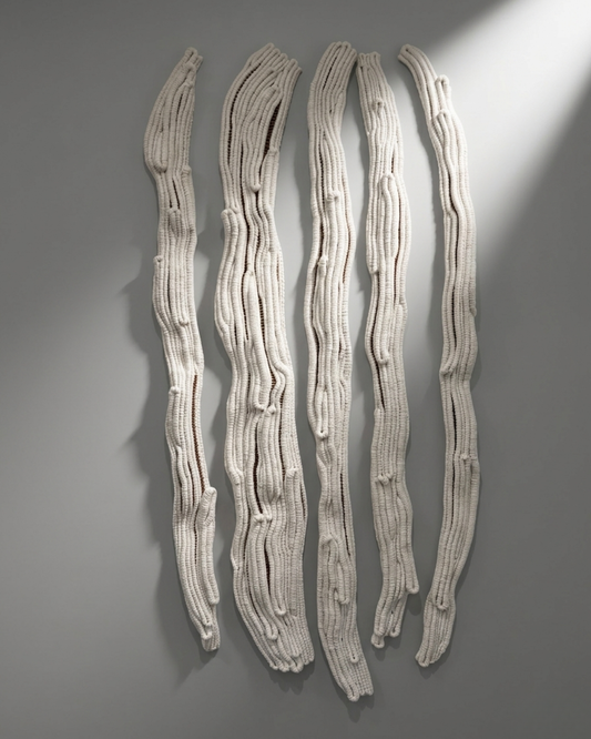 Large hand-knotted textile wall art in cotton rope with vertical sculptural forms