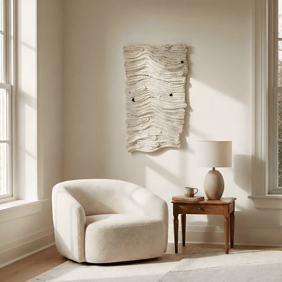 Large neutral fibre wall art in a soft contemporary living space