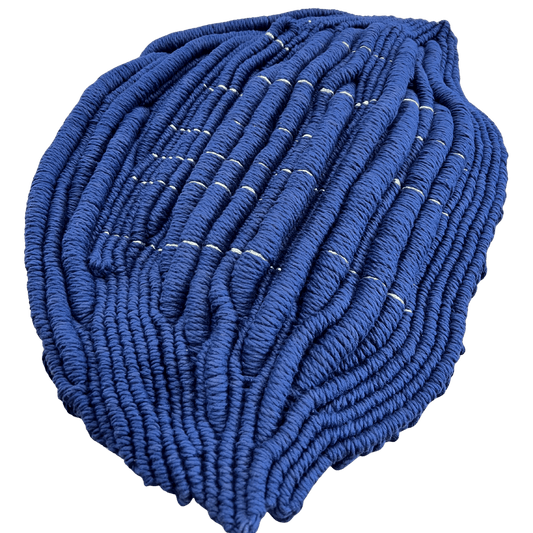 Textured handwoven fibre sculpture with striped golden pattern
