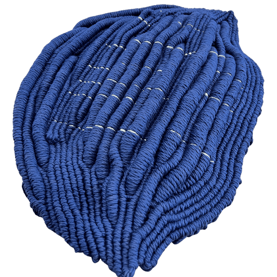 Textured handwoven fibre sculpture with striped golden pattern