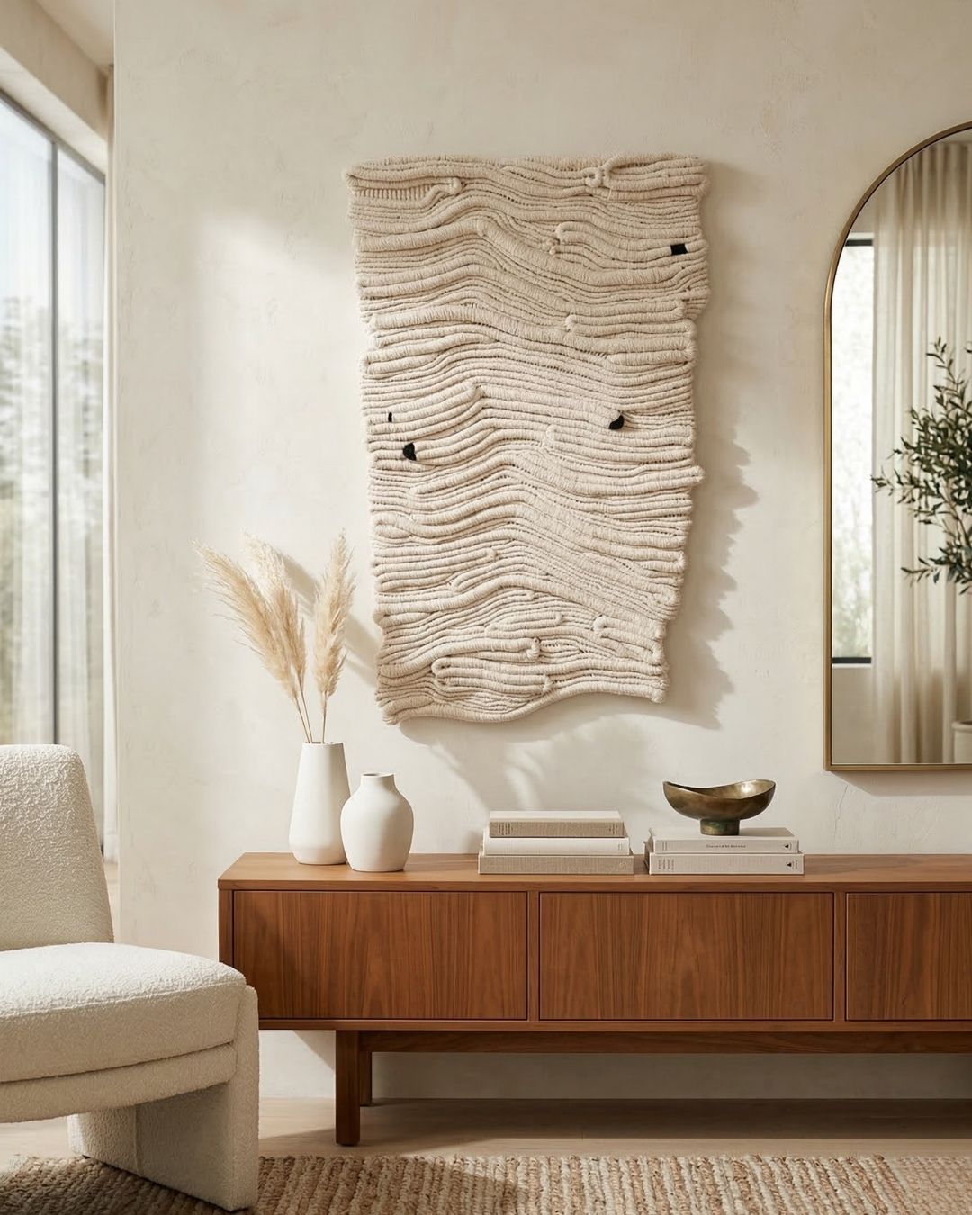 Modern interior with textured wall art, wooden console table, and decorative items.