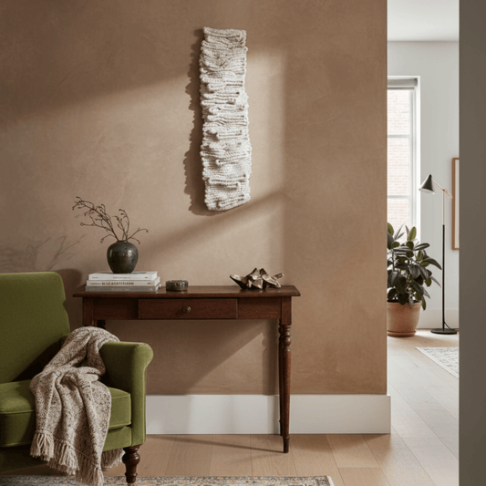 Vertical textured fibre wall art on warm neutral wall in styled interior