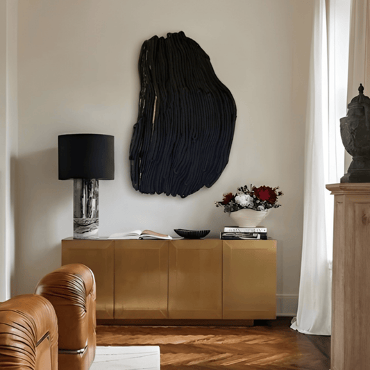 Trippin2 – black fibre wall art styled above timber sideboard in modern interior