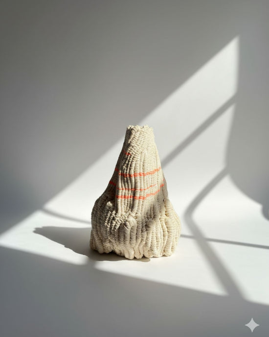 Textured fibre sculpture with ribbed surface and pink accents on a white background, knotted by hand