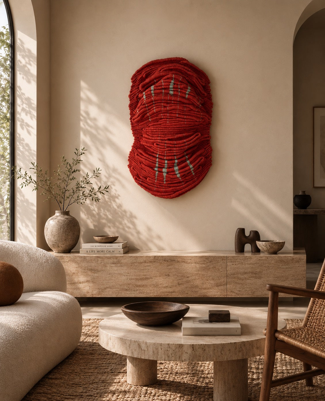 Wounded Healer red sculptural textile artwork by Kasia Dudkiewicz displayed in a warm neutral contemporary living room.