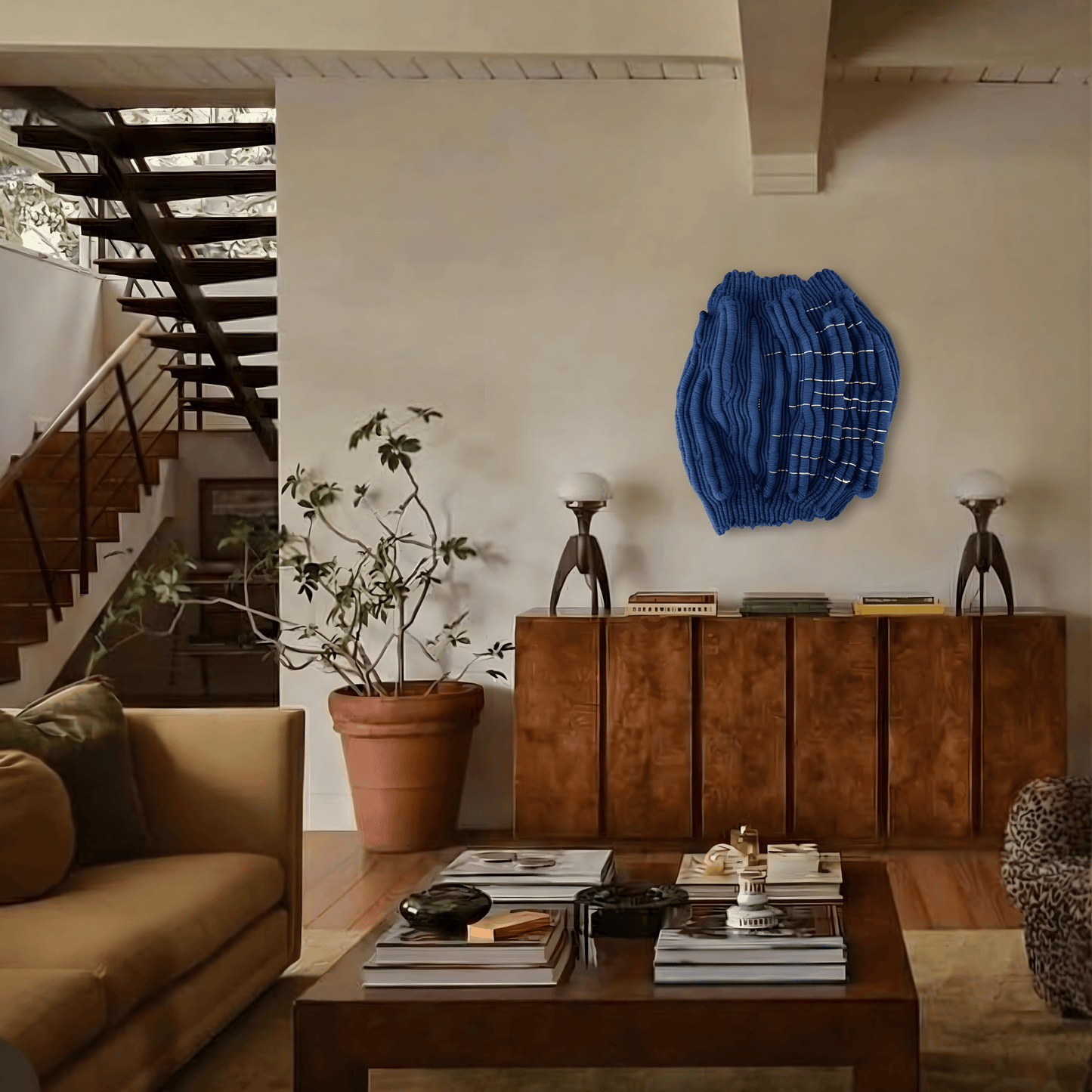 Echo I – navy blue textured textile wall art for modern interiors