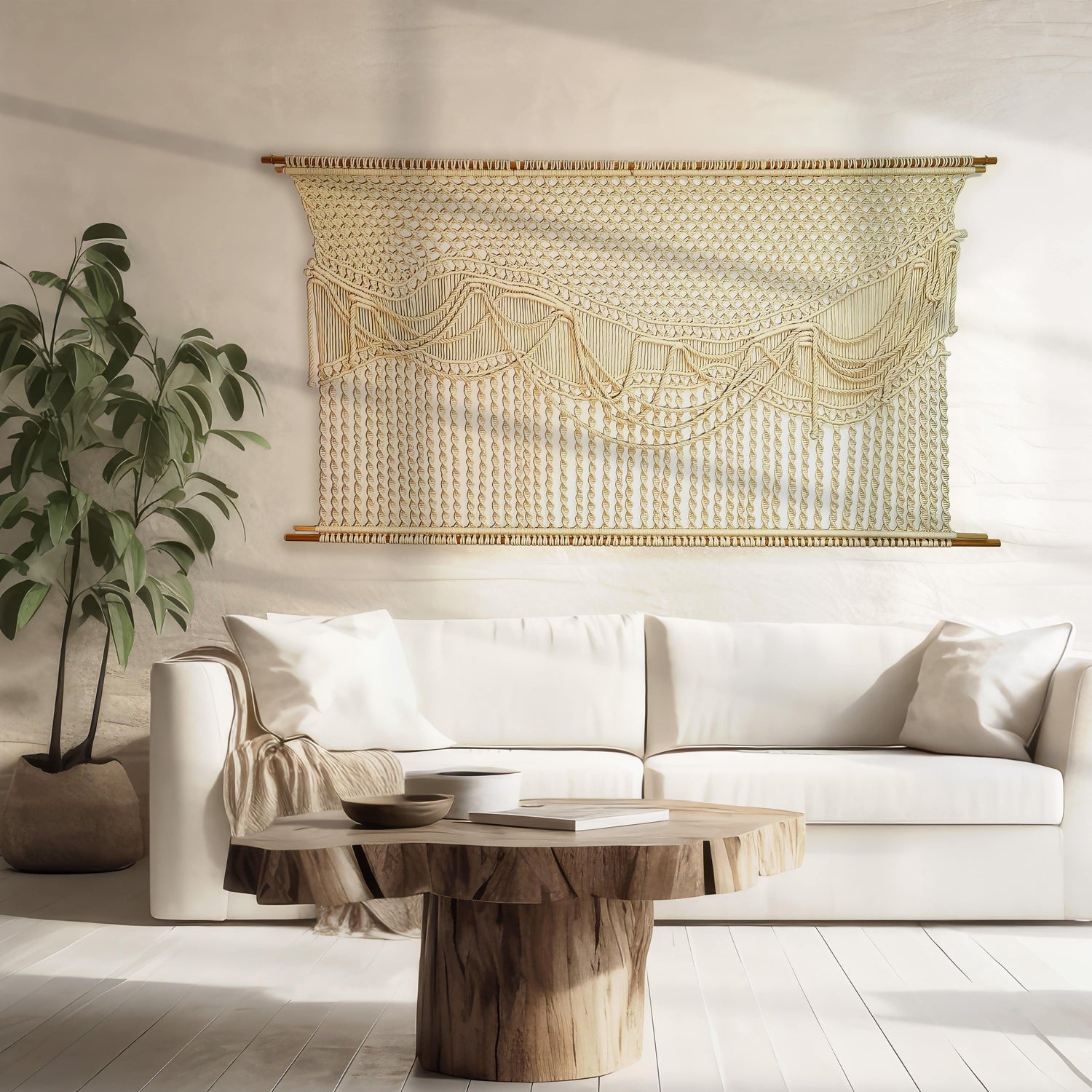 Organic fibre art displayed in a contemporary home, highlighting unique textures and craftsmanship.