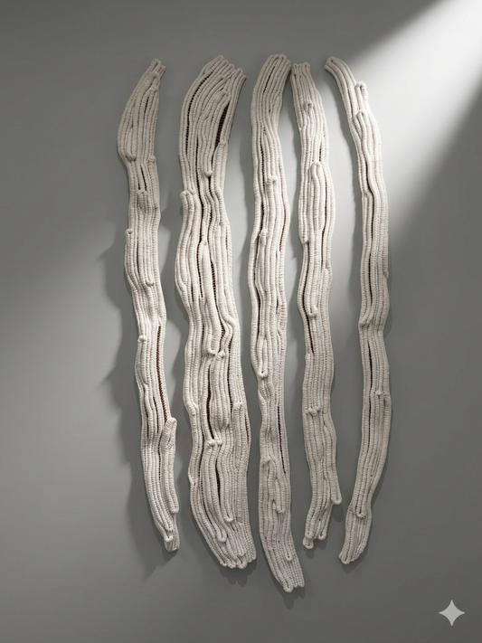 Contemporary fibre wall sculpture with soft neutral tones and textured rope detail