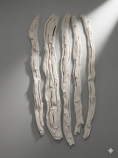 Contemporary fibre wall sculpture with soft neutral tones and textured rope detail