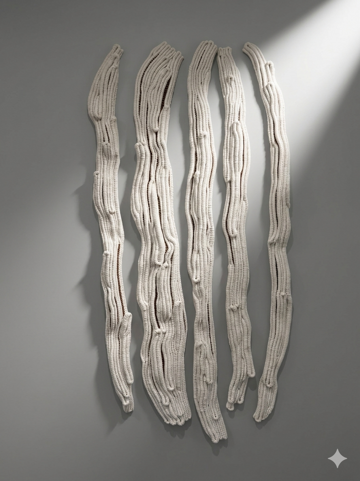 Contemporary fibre wall sculpture with soft neutral tones and textured rope detail