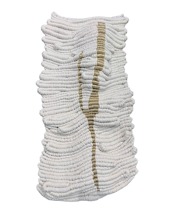 White textured fibre art with a gold stripe on a white background, knotted by hand