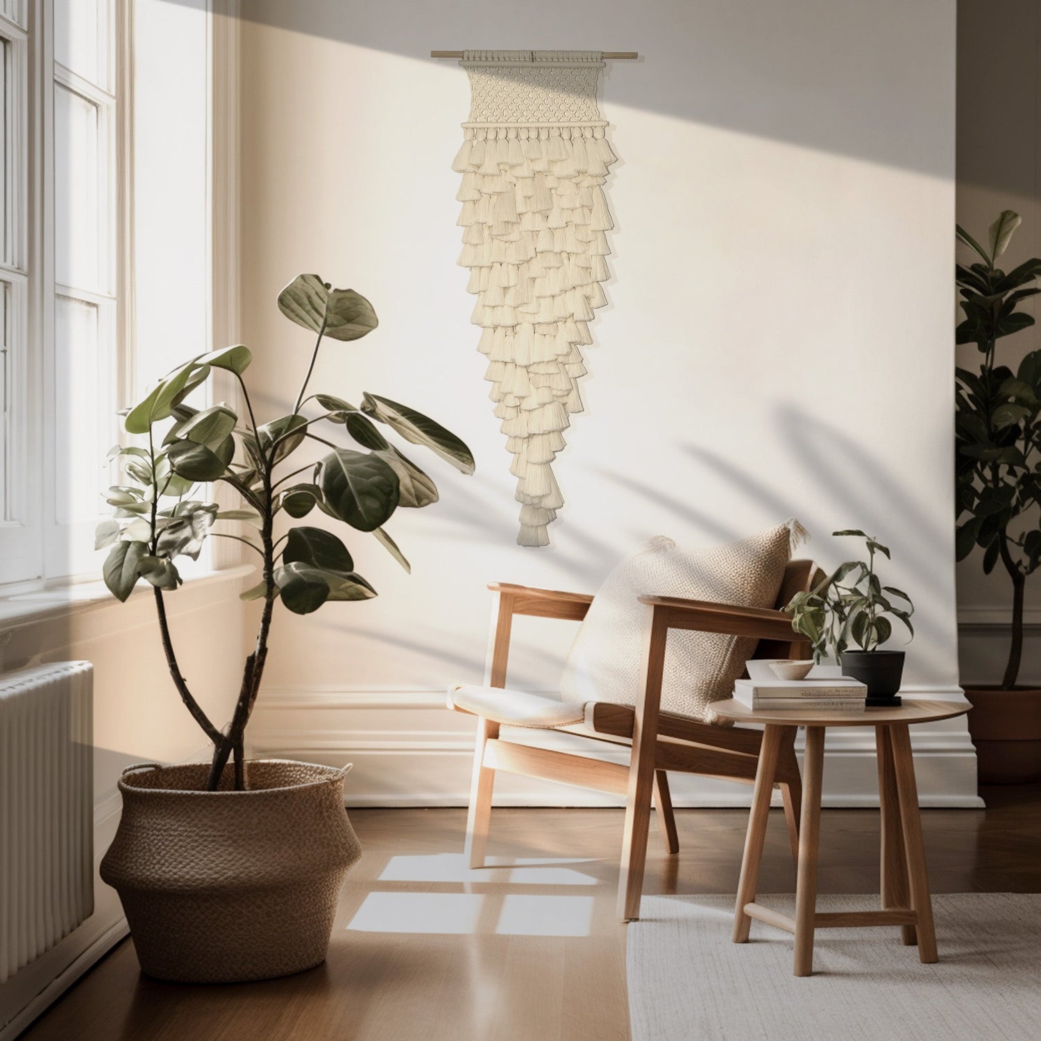 Custom macramé and fibre wall art creating a focal point in a serene bedroom setting.